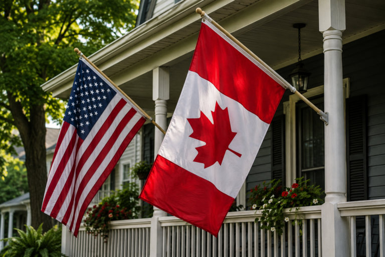 A realistic front porch displaying the Canadian Maple Leaf and the American flag flying side by side in bright daylight, representing friendship, shared heritage, and a vision of North American unity.