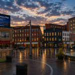 Concept rendering of Watertown Public Square at dusk featuring restored historic buildings, decorative lighting, a digital billboard atop an existing building, illuminated storefronts, brick walkways, a fountain, and a vibrant downtown atmosphere focused on economic development and historic preservation.