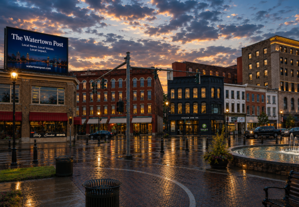 Concept rendering of Watertown Public Square at dusk featuring restored historic buildings, decorative lighting, a digital billboard atop an existing building, illuminated storefronts, brick walkways, a fountain, and a vibrant downtown atmosphere focused on economic development and historic preservation.