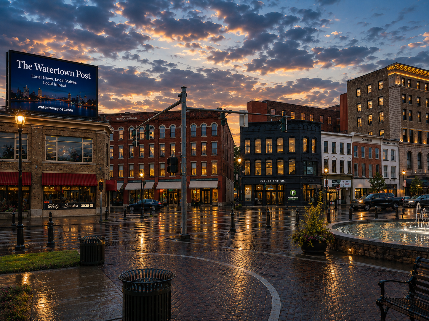 Concept rendering of Watertown Public Square at dusk featuring restored historic buildings, decorative lighting, a digital billboard atop an existing building, illuminated storefronts, brick walkways, a fountain, and a vibrant downtown atmosphere focused on economic development and historic preservation.