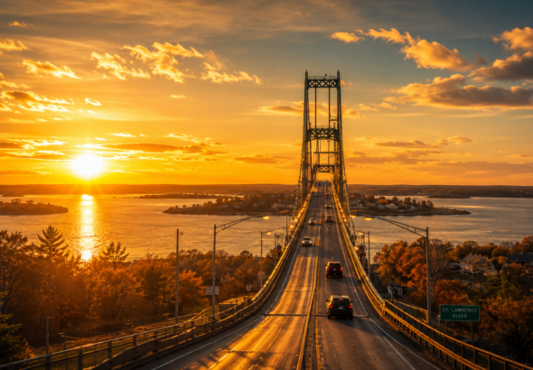 Wide-angle view of a large suspension bridge spanning the St. Lawrence River at sunrise, bathed in golden light. Vehicles travel across the bridge as the sun reflects off the water and illuminates the surrounding Thousand Islands landscape.