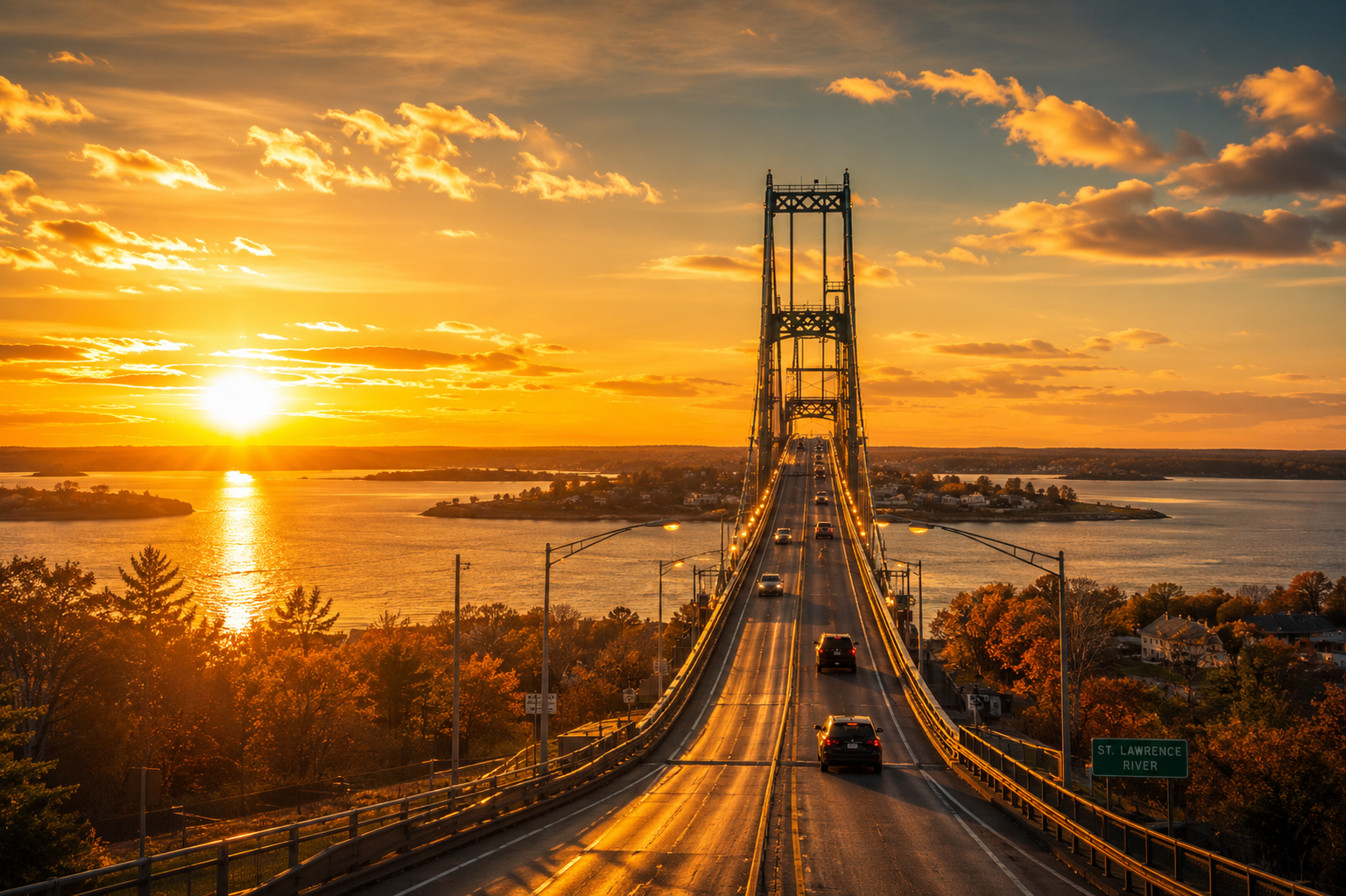 Wide-angle view of a large suspension bridge spanning the St. Lawrence River at sunrise, bathed in golden light. Vehicles travel across the bridge as the sun reflects off the water and illuminates the surrounding Thousand Islands landscape.