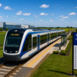 A sleek modern commuter train modeled after Scandinavian light rail designs travels through flat Central New York farmland past the Micron campus in Clay. A station sign shows stops between Syracuse and Fort Drum, including a proposed Micron station.