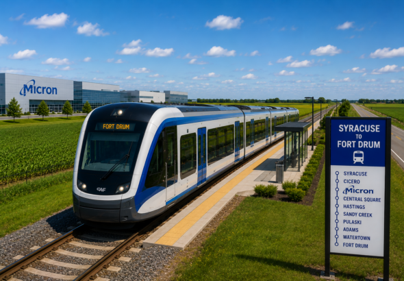 A sleek modern commuter train modeled after Scandinavian light rail designs travels through flat Central New York farmland past the Micron campus in Clay. A station sign shows stops between Syracuse and Fort Drum, including a proposed Micron station.