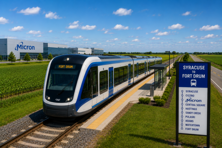A sleek modern commuter train modeled after Scandinavian light rail designs travels through flat Central New York farmland past the Micron campus in Clay. A station sign shows stops between Syracuse and Fort Drum, including a proposed Micron station.