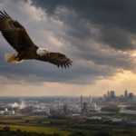 A realistic photograph-style image of a bald eagle flying under dark storm clouds above farmland, factories and a distant city skyline, with golden sunlight breaking through and illuminating the landscape.
