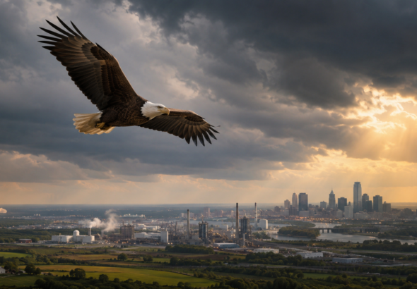 A realistic photograph-style image of a bald eagle flying under dark storm clouds above farmland, factories and a distant city skyline, with golden sunlight breaking through and illuminating the landscape.