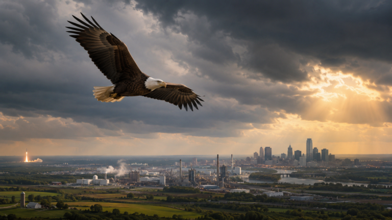 A realistic photograph-style image of a bald eagle flying under dark storm clouds above farmland, factories and a distant city skyline, with golden sunlight breaking through and illuminating the landscape.