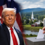 A symbolic political illustration showing President Donald Trump pointing in front of an American flag beside a voter placing a ballot into a ballot box against a rural Upstate New York landscape.