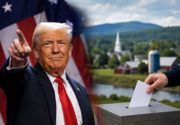 A symbolic political illustration showing President Donald Trump pointing in front of an American flag beside a voter placing a ballot into a ballot box against a rural Upstate New York landscape.