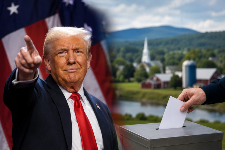 A symbolic political illustration showing President Donald Trump pointing in front of an American flag beside a voter placing a ballot into a ballot box against a rural Upstate New York landscape.