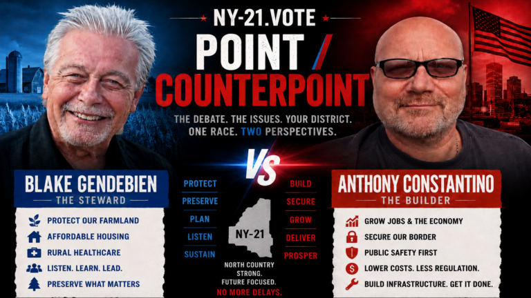 NY-21.VOTE political debate graphic featuring Blake Gendebien on the left as “The Steward” and Anthony Constantino on the right as “The Builder,” presenting contrasting priorities for New York’s 21st Congressional District.