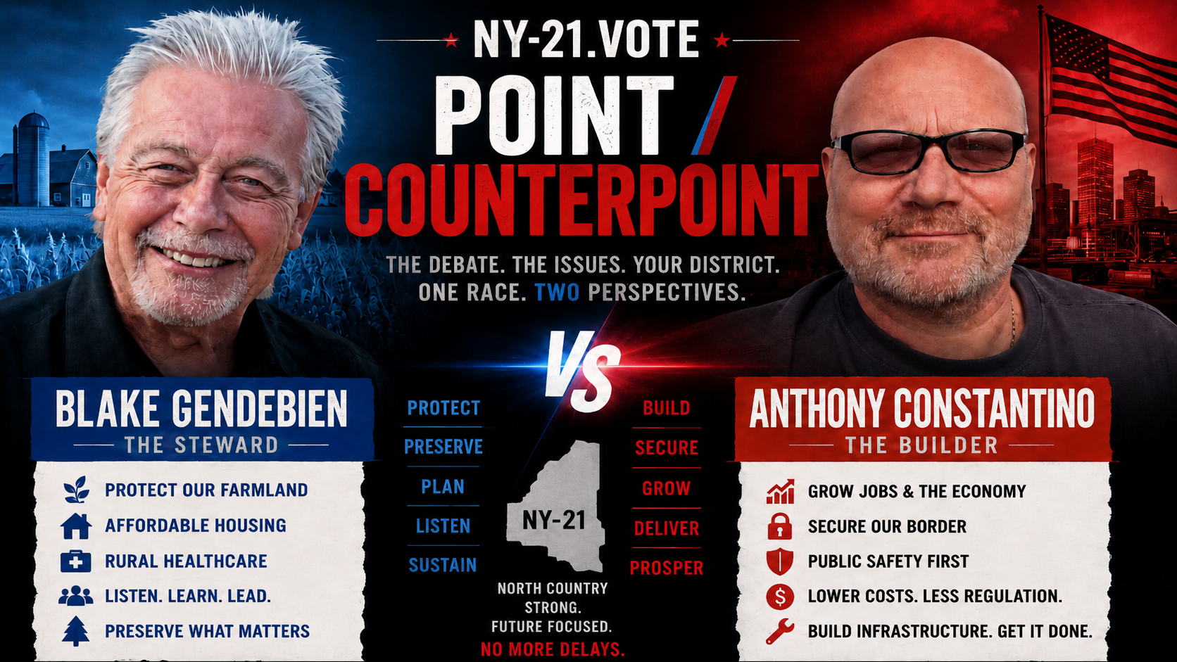 NY-21.VOTE political debate graphic featuring Blake Gendebien on the left as “The Steward” and Anthony Constantino on the right as “The Builder,” presenting contrasting priorities for New York’s 21st Congressional District.