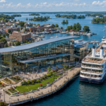 Concept image of a modern cruise terminal in Clayton, New York, featuring a large glass-fronted waterfront building, landscaped public promenade, docked cruise ship, marina, and Thousand Islands scenery in the background.