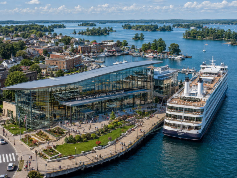 Concept image of a modern cruise terminal in Clayton, New York, featuring a large glass-fronted waterfront building, landscaped public promenade, docked cruise ship, marina, and Thousand Islands scenery in the background.