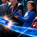 Editorial illustration of New York Gov. Kathy Hochul using oversized scissors to cut a glowing digital ribbon marked “FUTURE,” with data-center servers and sparks in the background.