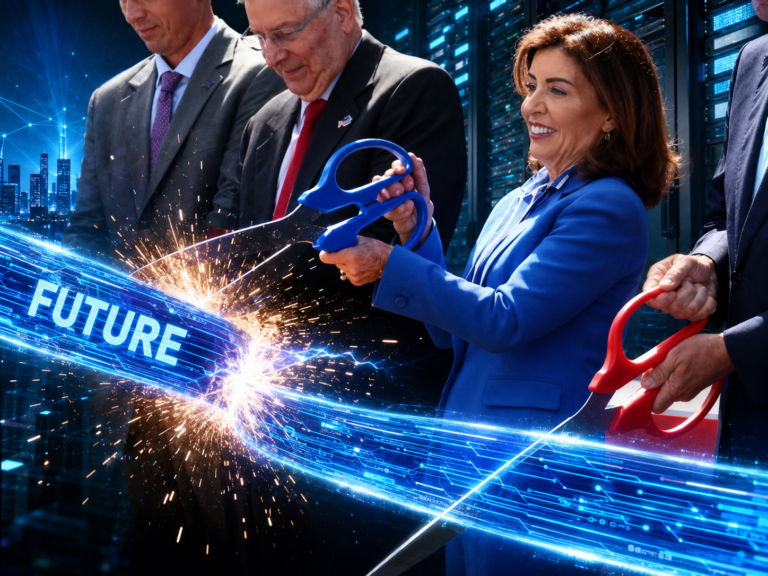 Editorial illustration of New York Gov. Kathy Hochul using oversized scissors to cut a glowing digital ribbon marked “FUTURE,” with data-center servers and sparks in the background.