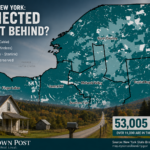 New York broadband availability map highlighting the North Country, paired with a rural Northern New York home using a Starlink satellite dish.