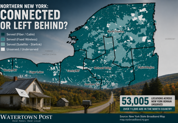 New York broadband availability map highlighting the North Country, paired with a rural Northern New York home using a Starlink satellite dish.
