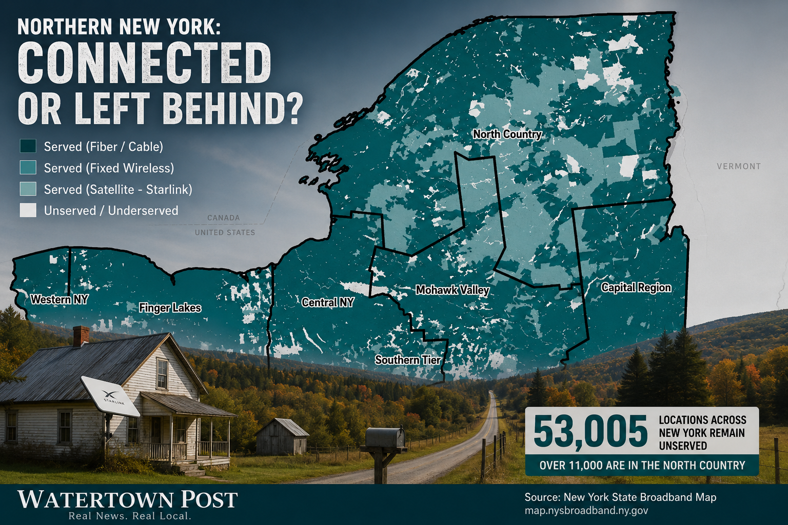New York broadband availability map highlighting the North Country, paired with a rural Northern New York home using a Starlink satellite dish.