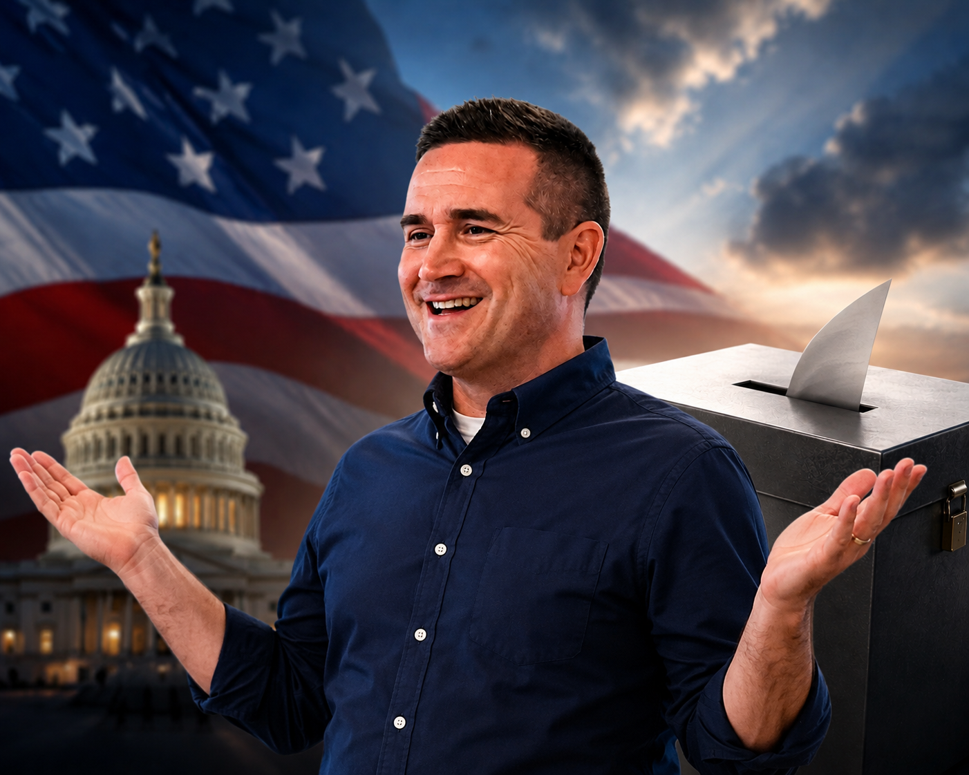 Composite political illustration of NY-21 congressional candidate Blake Gendebien shrugging with both hands raised in front of an American flag, the U.S. Capitol, and a ballot box, symbolizing the ongoing election battle.