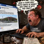 A satirical illustration of an angry Facebook user furiously typing comments while looking at a Watertown Post article on a computer screen. The exaggerated scene shows the user reacting emotionally before reading the story, surrounded by humorous props emphasizing overconfidence and impulsive social media behavior.