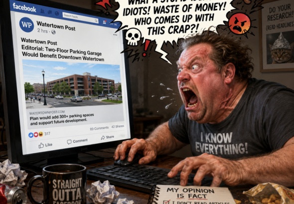 A satirical illustration of an angry Facebook user furiously typing comments while looking at a Watertown Post article on a computer screen. The exaggerated scene shows the user reacting emotionally before reading the story, surrounded by humorous props emphasizing overconfidence and impulsive social media behavior.