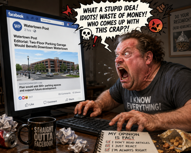 A satirical illustration of an angry Facebook user furiously typing comments while looking at a Watertown Post article on a computer screen. The exaggerated scene shows the user reacting emotionally before reading the story, surrounded by humorous props emphasizing overconfidence and impulsive social media behavior.