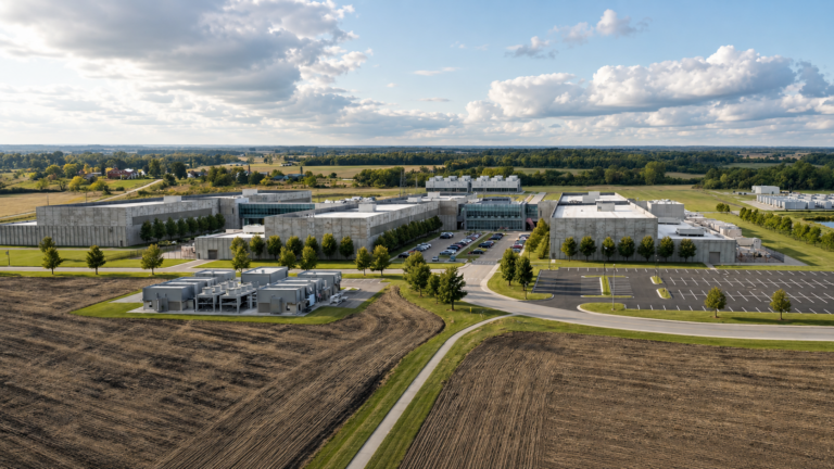 Aerial rendering of a proposed data center campus with large industrial buildings, parking areas and utility equipment surrounded by farmland near Evans Mills, New York.