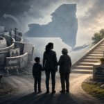 A symbolic illustration shows three generations of a family standing at a crossroads beneath the outline of New York State. One path leads into a dark maze of paperwork, benefit cards and dead ends, while the other rises toward education, skilled work and economic opportunity.
