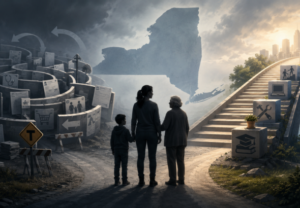 A symbolic illustration shows three generations of a family standing at a crossroads beneath the outline of New York State. One path leads into a dark maze of paperwork, benefit cards and dead ends, while the other rises toward education, skilled work and economic opportunity.