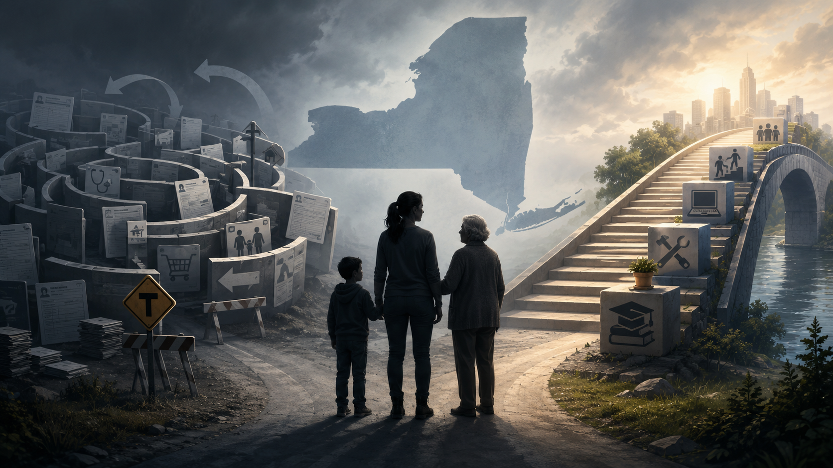 A symbolic illustration shows three generations of a family standing at a crossroads beneath the outline of New York State. One path leads into a dark maze of paperwork, benefit cards and dead ends, while the other rises toward education, skilled work and economic opportunity.