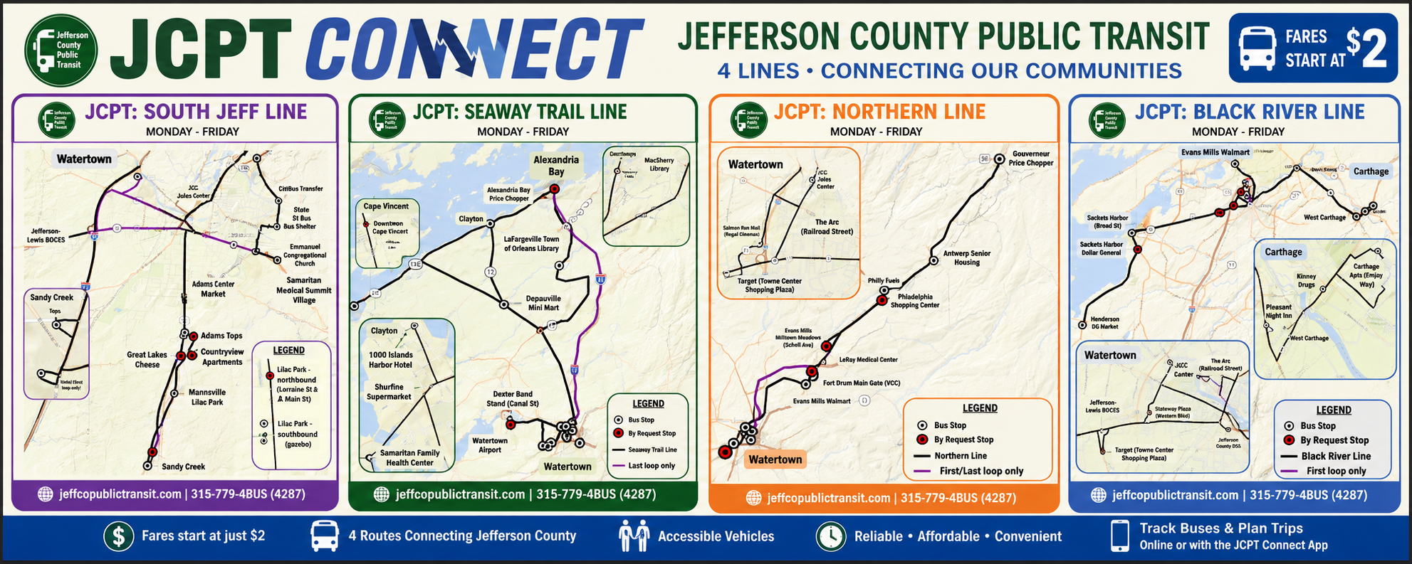 A combined route map showing the four Jefferson County Public Transit (JCPT Connect) bus lines: South Jeff Line, Seaway Trail Line, Northern Line, and Black River Line. The maps illustrate bus routes, major stops, transfer locations, by-request stops, and communities served throughout Jefferson County, New York.