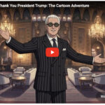 Screenshot of Anthony Constantino's YouTube video titled Thank You President Trump: The Cartoon Adventure, featuring an animated illustration of Roger Stone wearing a dark pinstripe suit and sunglasses inside an ornate, chandelier-lit room.