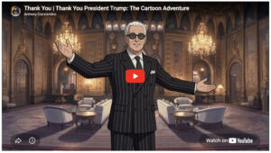 Screenshot of Anthony Constantino's YouTube video titled Thank You President Trump: The Cartoon Adventure, featuring an animated illustration of Roger Stone wearing a dark pinstripe suit and sunglasses inside an ornate, chandelier-lit room.