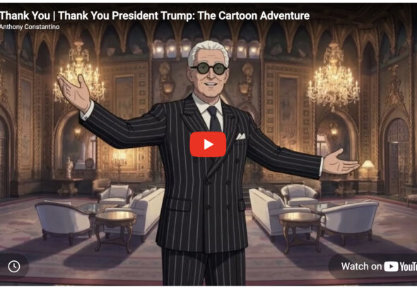 Screenshot of Anthony Constantino's YouTube video titled Thank You President Trump: The Cartoon Adventure, featuring an animated illustration of Roger Stone wearing a dark pinstripe suit and sunglasses inside an ornate, chandelier-lit room.