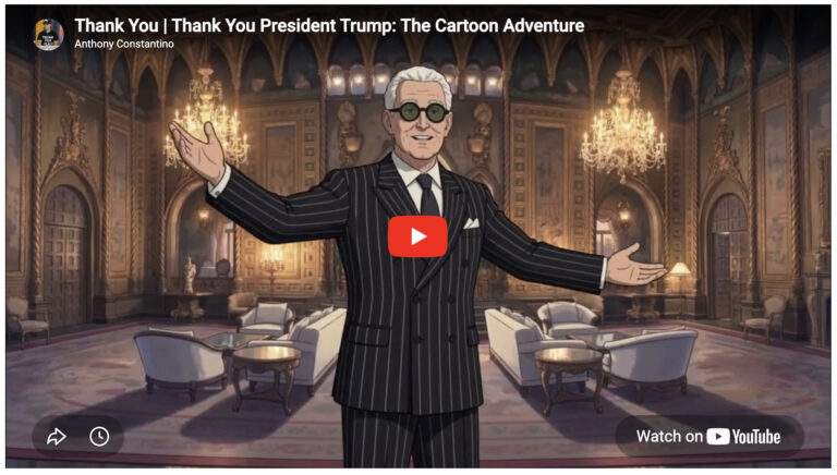 Screenshot of Anthony Constantino's YouTube video titled Thank You President Trump: The Cartoon Adventure, featuring an animated illustration of Roger Stone wearing a dark pinstripe suit and sunglasses inside an ornate, chandelier-lit room.