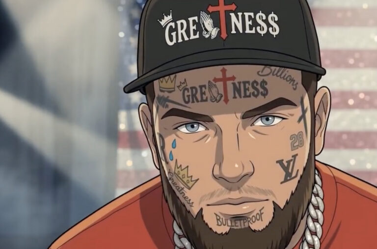 Screenshot from Anthony Constantino's YouTube video showing an animated male character wearing a black "Greatness" cap, a chain necklace, and numerous stylized face tattoos, with a blurred American flag in the background.