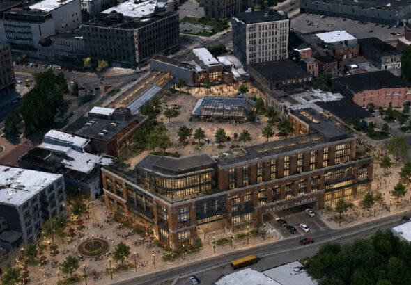 Aerial concept rendering of a modern mixed-use redevelopment in downtown Watertown, New York, showing a large brick-and-glass building surrounding an expansive public plaza with trees, seating, and walkways. The plaza extends around the east side of the building, while a roadway enters a ground-level parking garage integrated into the structure.