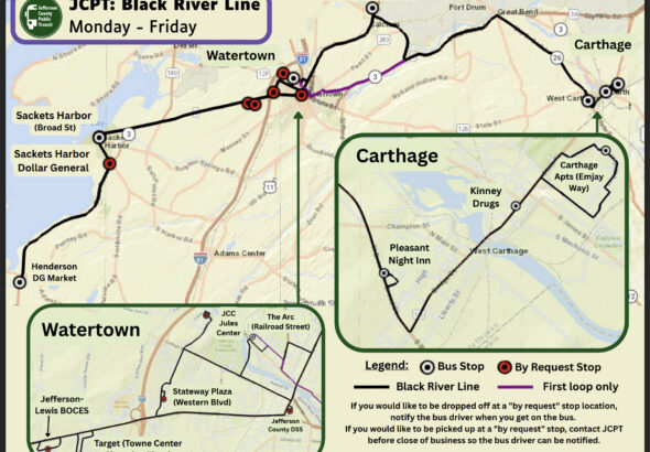 Map of the JCPT Connect Black River Line showing weekday bus service between Watertown, Evans Mills, Carthage, Sackets Harbor, and Henderson, including regular bus stops, by-request stops, and route variations.