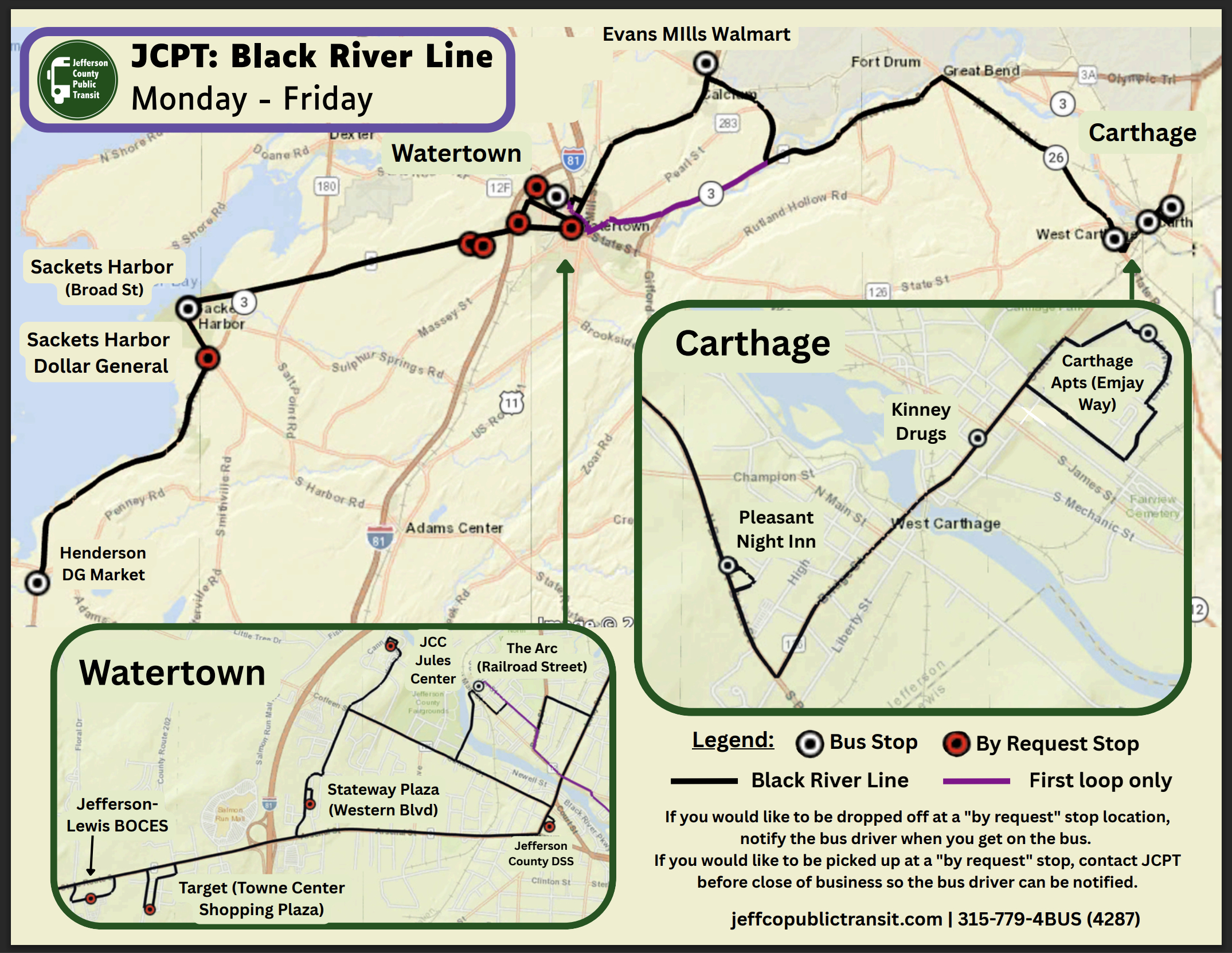 Map of the JCPT Connect Black River Line showing weekday bus service between Watertown, Evans Mills, Carthage, Sackets Harbor, and Henderson, including regular bus stops, by-request stops, and route variations.