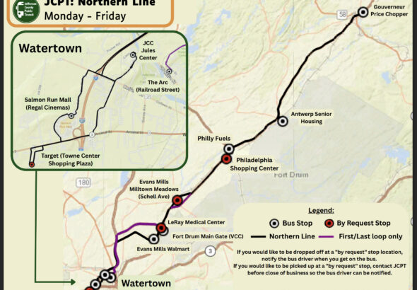 Map of the JCPT Connect Northern Line showing weekday bus service between Watertown, Evans Mills, Fort Drum, Philadelphia, Antwerp, and Gouverneur, including regular bus stops, by-request stops, and route variations.