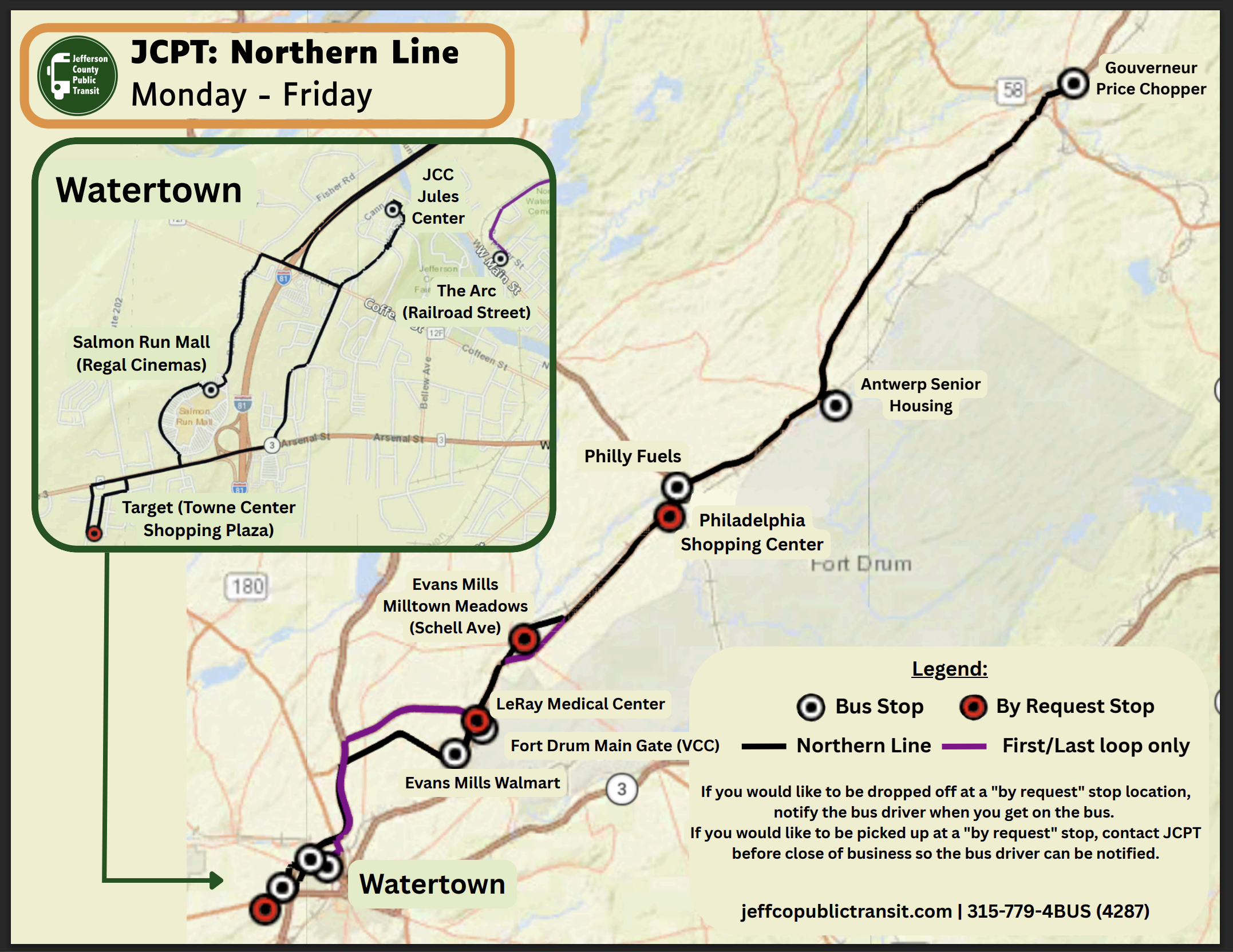 Map of the JCPT Connect Northern Line showing weekday bus service between Watertown, Evans Mills, Fort Drum, Philadelphia, Antwerp, and Gouverneur, including regular bus stops, by-request stops, and route variations.