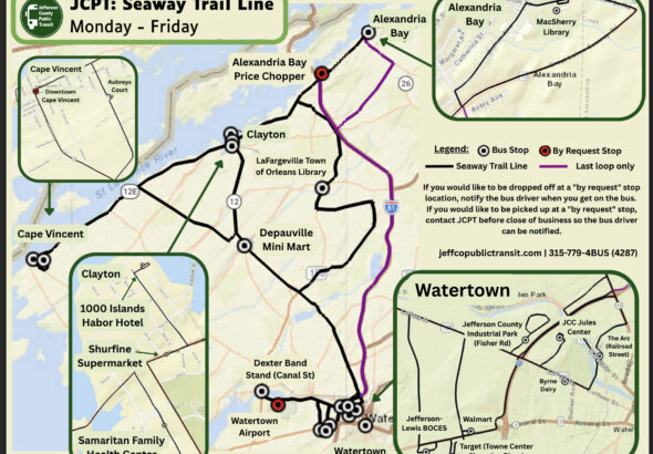 Map of the JCPT Connect Seaway Trail Line showing weekday bus service between Watertown, Dexter, Depauville, Clayton, Alexandria Bay, and Cape Vincent, including major bus stops, by-request stops, and local route loops.