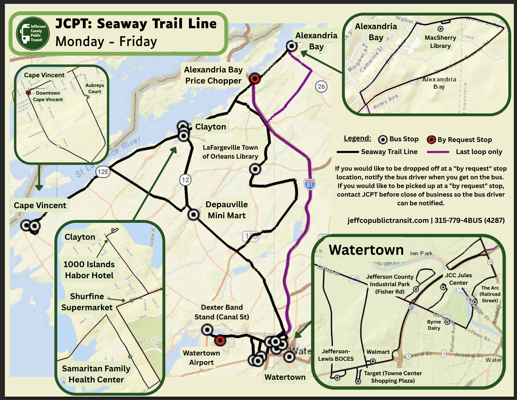 Map of the JCPT Connect Seaway Trail Line showing weekday bus service between Watertown, Dexter, Depauville, Clayton, Alexandria Bay, and Cape Vincent, including major bus stops, by-request stops, and local route loops.