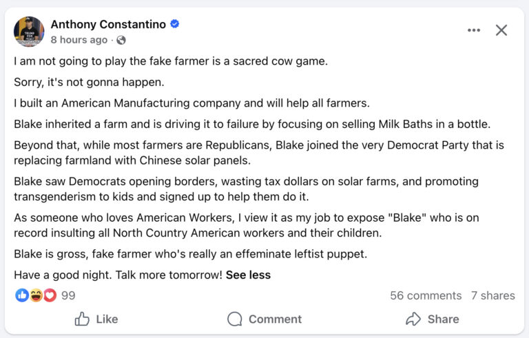 Screenshot of an Anthony Constantino Facebook post criticizing Blake Gendebien, his farming record and his affiliation with the Democratic Party during the NY-21 congressional campaign.