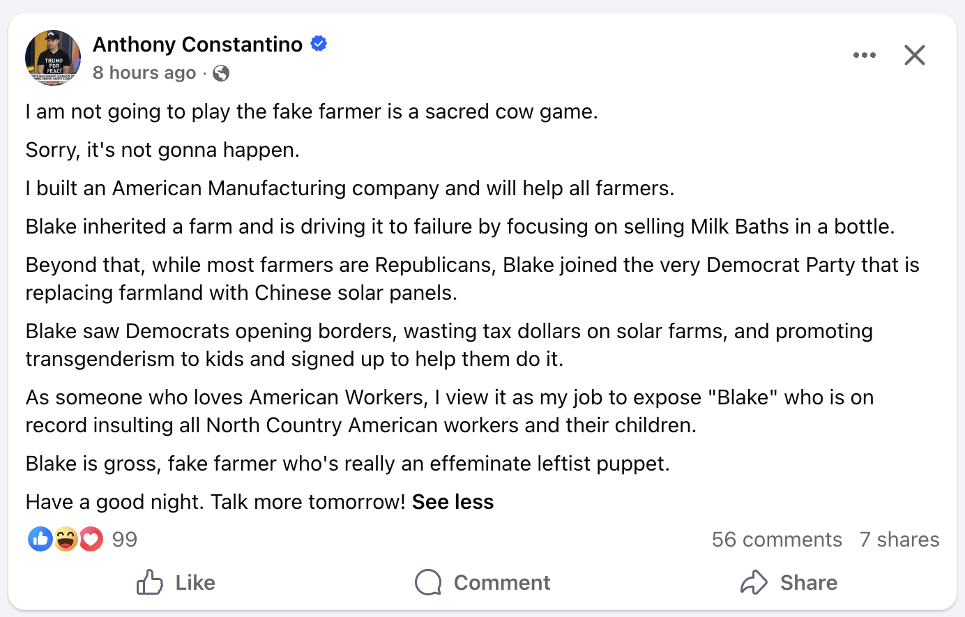 Screenshot of an Anthony Constantino Facebook post criticizing Blake Gendebien, his farming record and his affiliation with the Democratic Party during the NY-21 congressional campaign.