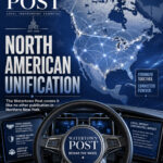 A serious blue-toned graphic showing a map of the United States and Canada connected across North America, representing the debate over political and economic unification.