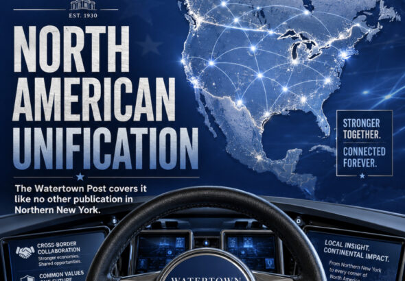 A serious blue-toned graphic showing a map of the United States and Canada connected across North America, representing the debate over political and economic unification.