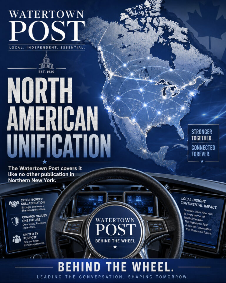 A serious blue-toned graphic showing a map of the United States and Canada connected across North America, representing the debate over political and economic unification.